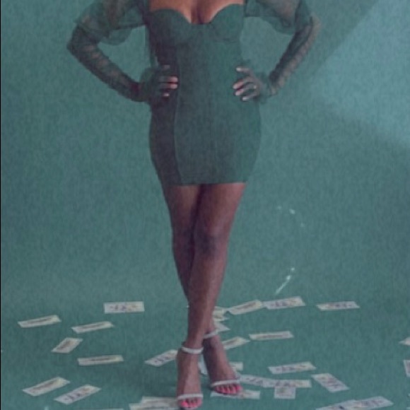 Emerald Mesh-Sleeve Corset Mini Dress | Luxe Holiday / NYE / Party Dress –Size M - Picture 14 of 16